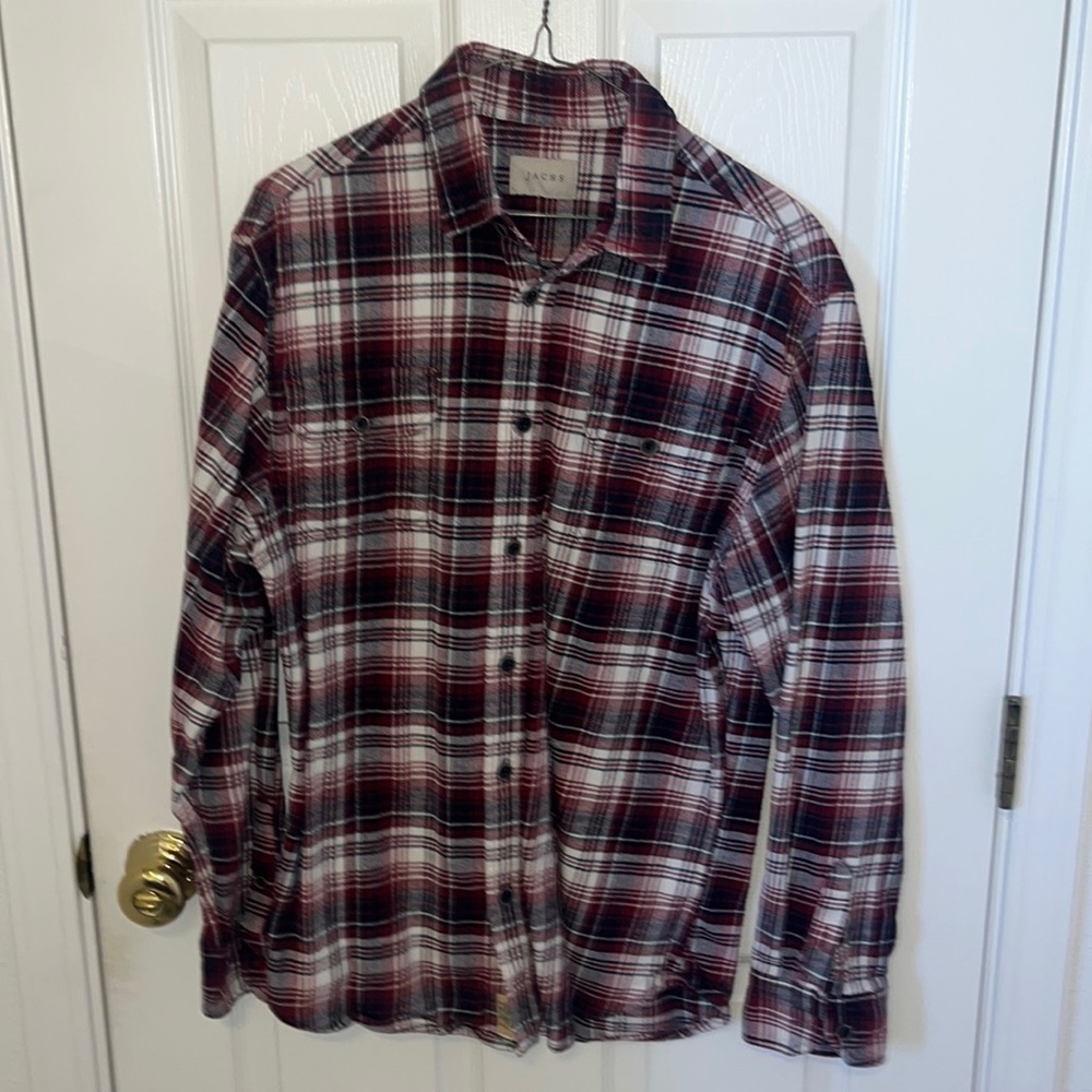 JACHS Men’s Flannel Red White Blue Button Down Long Sleeve Shirt Large Outdoors